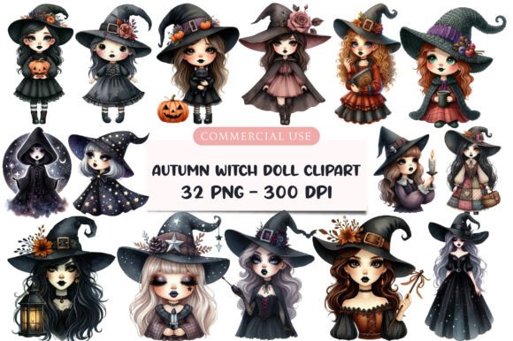 Download Watercolor Autumn Witch Doll Clipart - Witch doll Collection